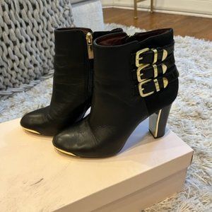 Womens Booties Black Leather with Gold Buckle, Gold Heel, and Gold Toe detail